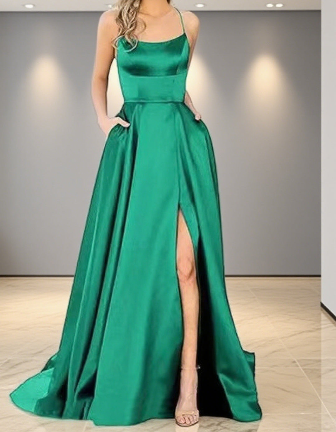 Damen Elegantes Abendkleid mit seitlichem Schlitz und schmalen Spaghetti-Trägern R&B