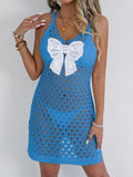Damen luftiger Häkel-Strandkleid mit dekorativer Schleife R&B