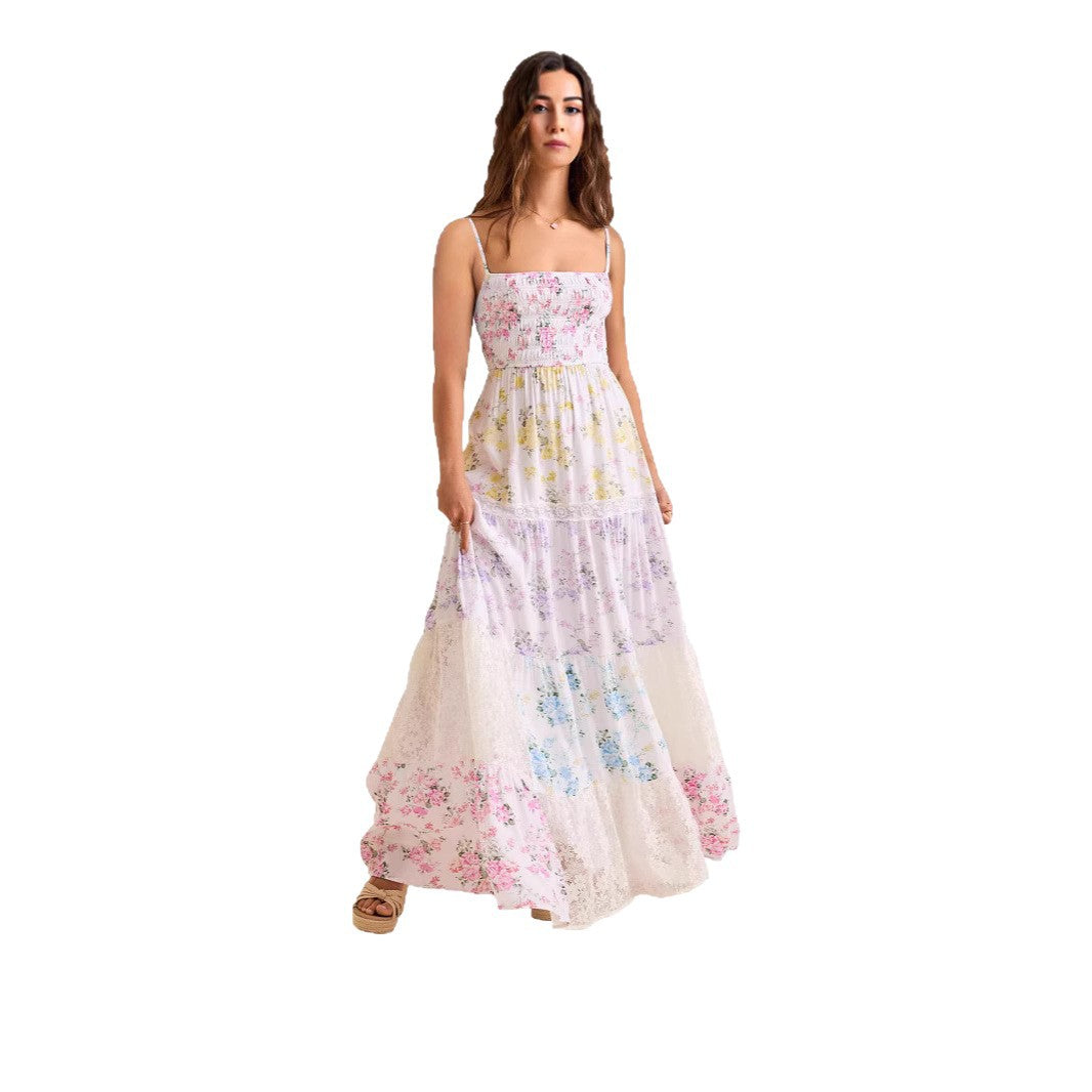 Damen Boho Maxikleid mit elastischem Oberteil und Spitzenakzenten R&B