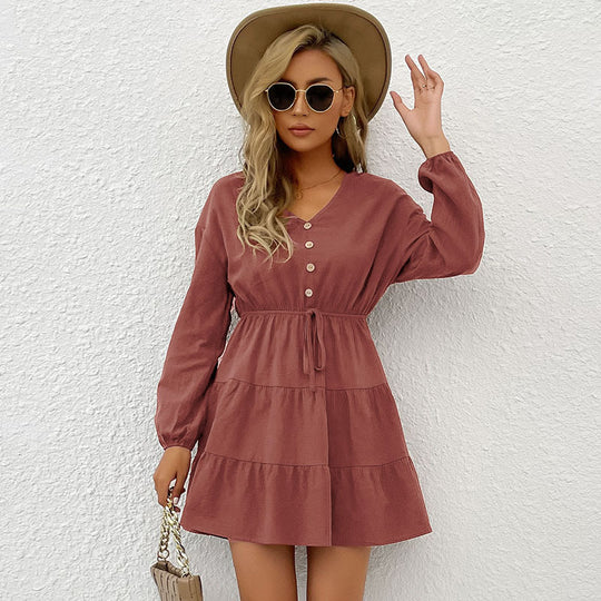Damen Midi-Kleid mit knöpfbarem Ausschnitt und Taillenbindung R&B