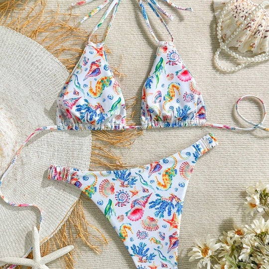 Damen Bikini-Set mit buntem Unterwasser-Motiv und verstellbaren Trägern R&B