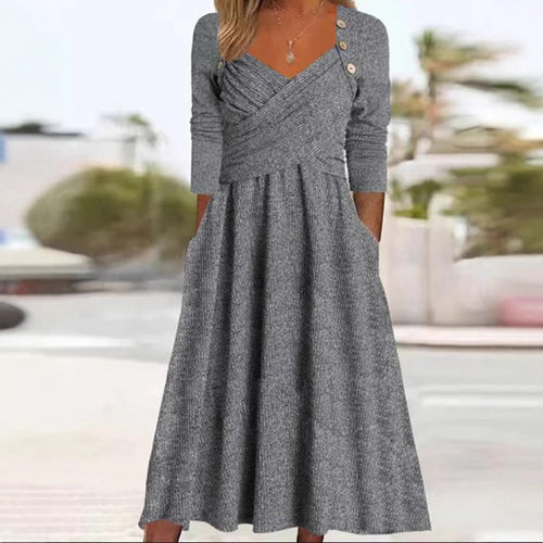 Damen nan legeres Strick-Maxikleid mit Wickeloberteil V-Ausschnitt Eingrifftaschen und Zierknopfleiste R&B