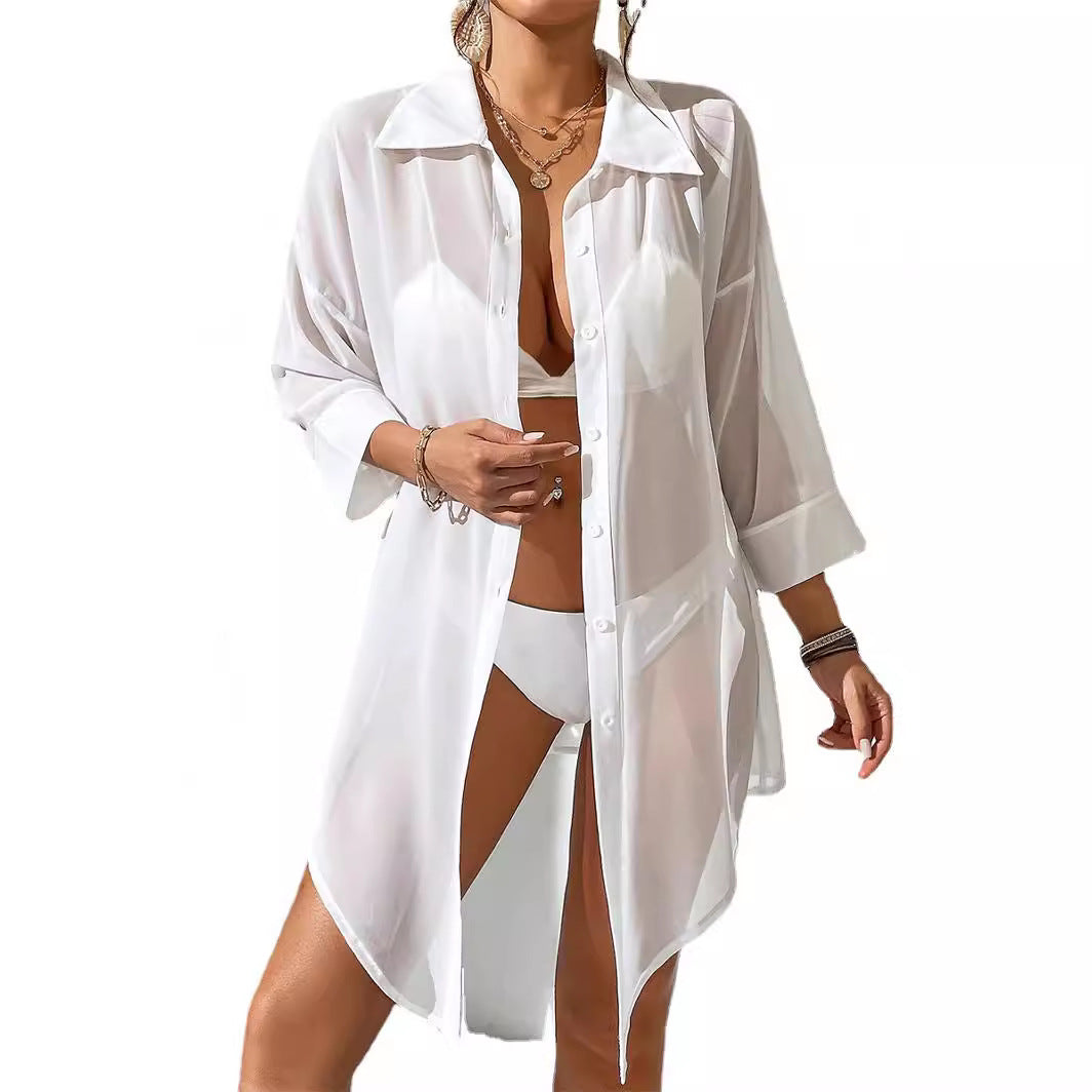 Damen lässige Strandbluse aus transparentem Stoff mit Knopfverschluss R&B