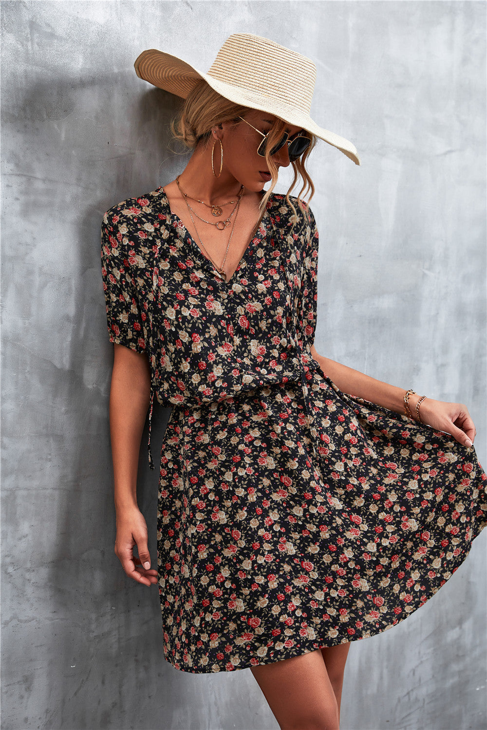 Damen Wickelkleid mit floralem Muster und elastischem Bund R&B
