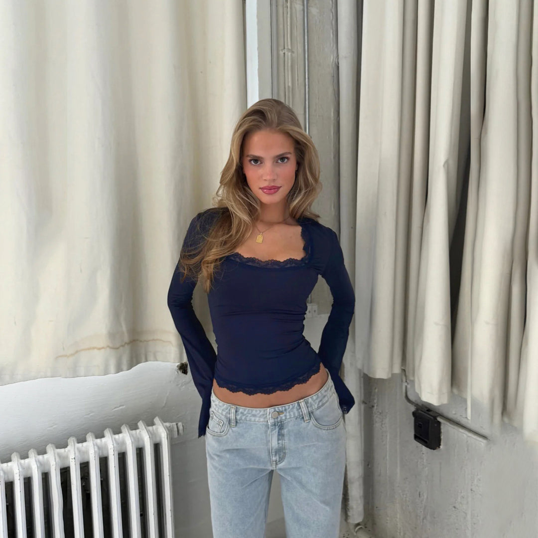 Damen Elegantes Langarmoberteil mit Spitzenkante und figurbetontem Schnitt R&B