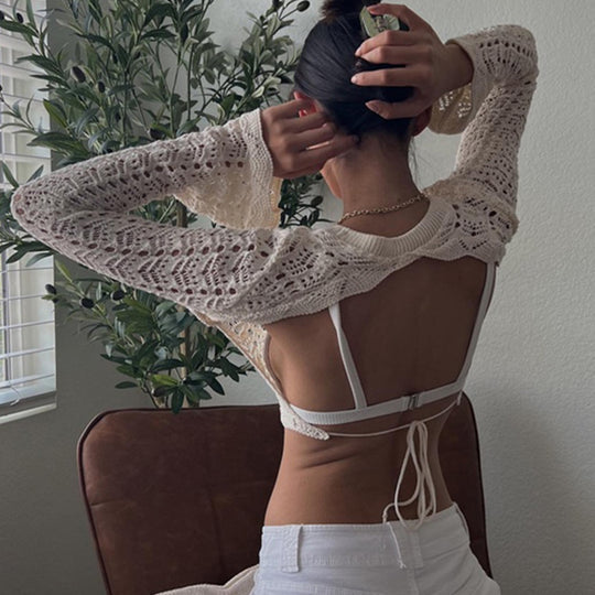 Damen gehäkeltes Crop-Top mit weitem Ärmel und lockerer Passform R&B