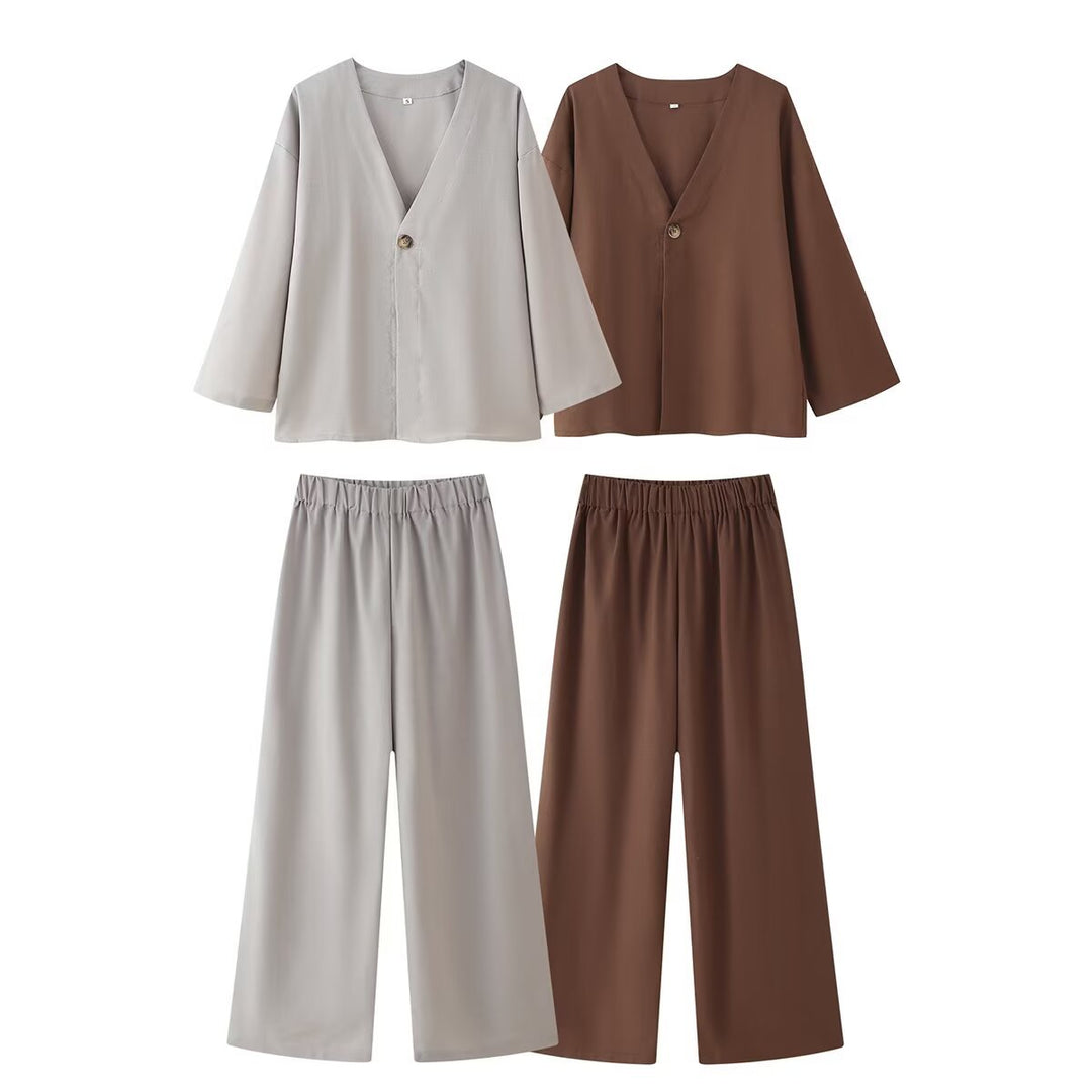 Damen Set aus eleganter Bluse mit V-Ausschnitt und weit geschnittenen Palazzo-Hosen R&B