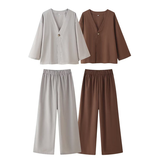 Damen Set aus eleganter Bluse mit V-Ausschnitt und weit geschnittenen Palazzo-Hosen R&B