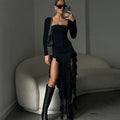 Damen Elegantes Langarmkleid mit Rüschen und hohem Schlitz