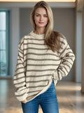 Damen lässiger Strickpullover mit breiten Streifen und lockerer Passform R&B