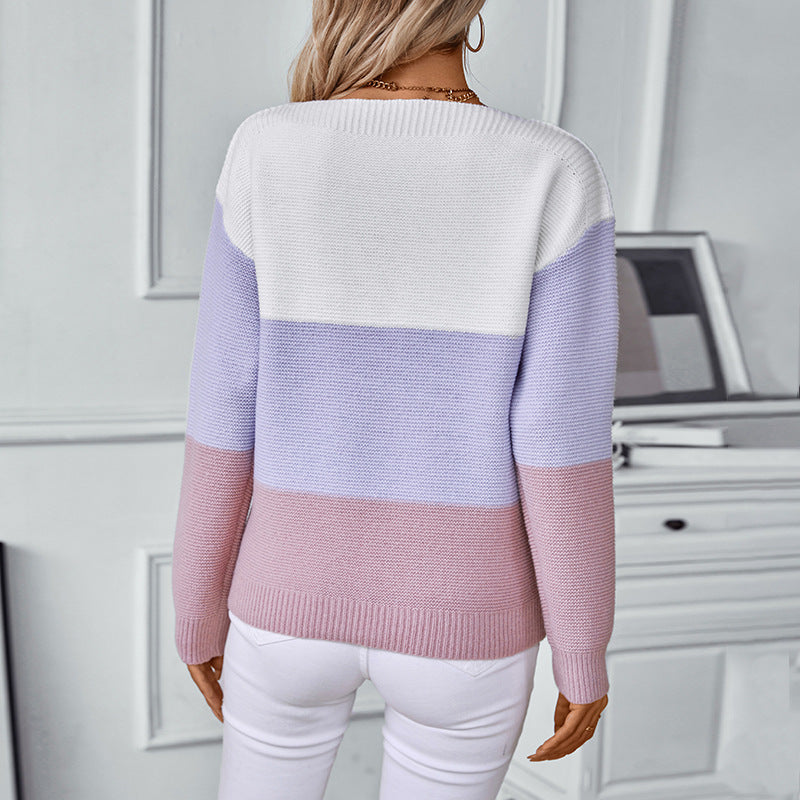 Damen modischer Strickpullover mit dekorativen Knopfdetails und Blockstreifen R&B