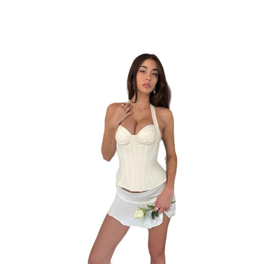 Damen Korbentop mit Spaghetti-Trägern und Rüschensaum R&B