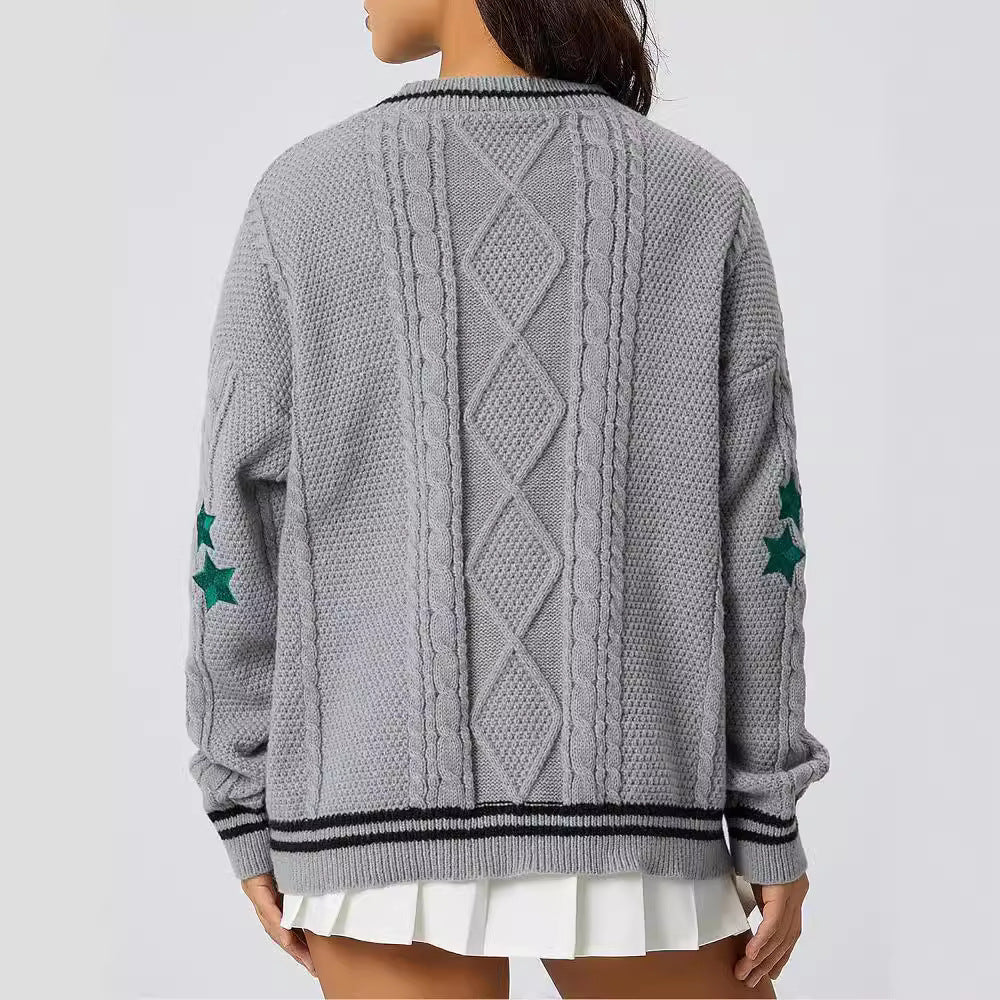 Damen Grob gestrickte Cardigan mit Sternenapplikationen und Knopfverschluss R&B
