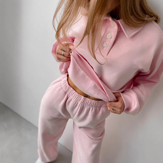 Damen lässiges Sweatshirt- und weite Jogginghose-Set mit modernem Kragen R&B