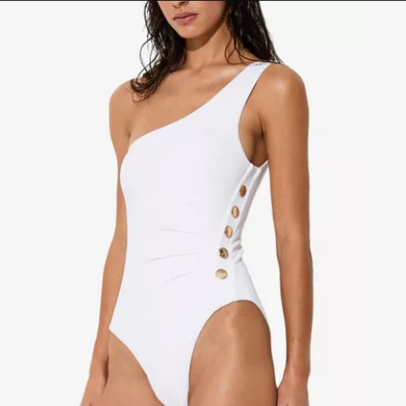 Damen Einseitiger Badeanzug mit eleganten Knopfdetails R&B
