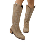 Damen nan kniehohe Western-Stiefel aus softem Veloursleder mit Zierstickerei und stabilem Blockabsatz R&B