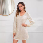 Damen Glitzerndes Cocktailkleid mit V-Ausschnitt und langen Ärmeln R&B