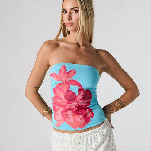Damen Bandeau-Oberteil mit floralem Design und elastischem Stoff R&B