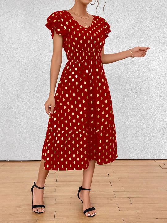 Damen Maxikleid mit Rüschendetails und schimmerndem Punktmuster R&B