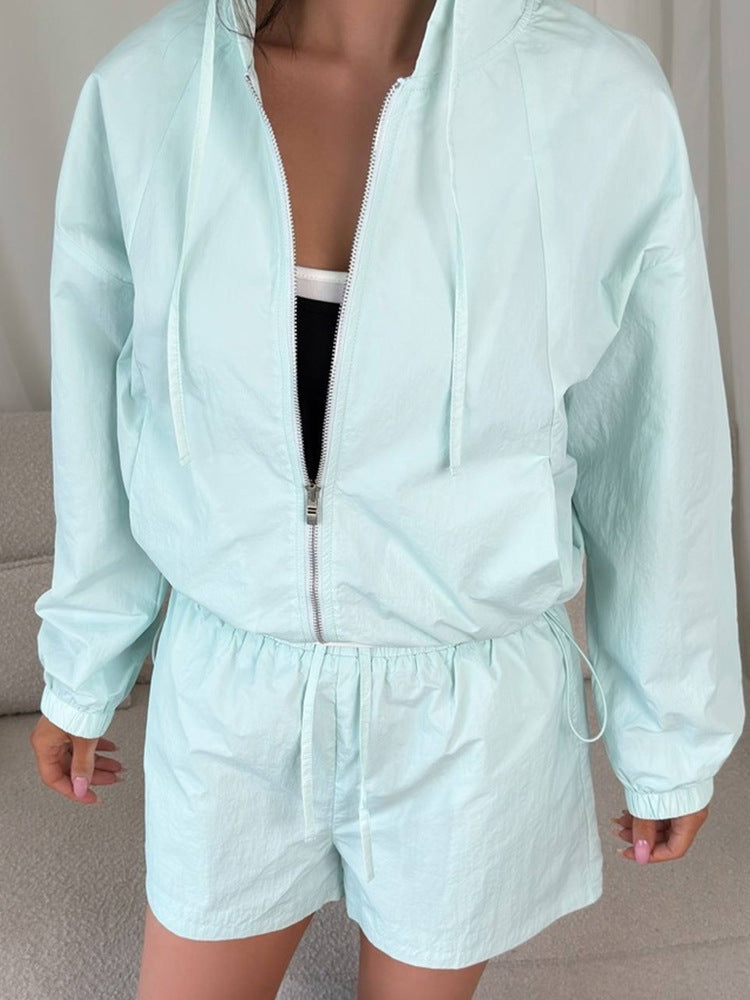 Damen lässiges Windbreaker-Set mit kurzen Hosen und Kapuze R&B