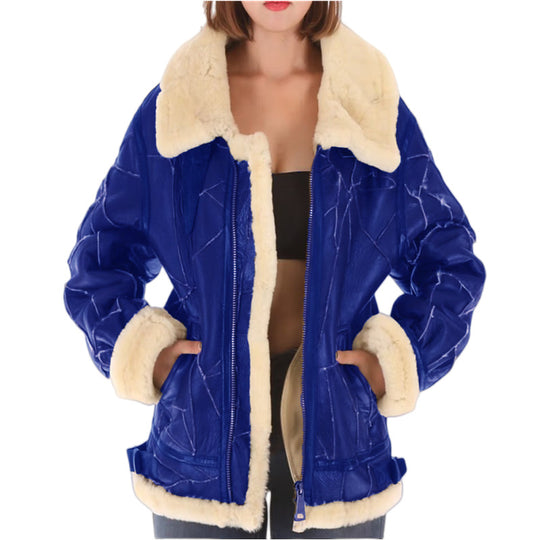Damen lässige Kunstlederjacke mit warmem Fellkragen R&B