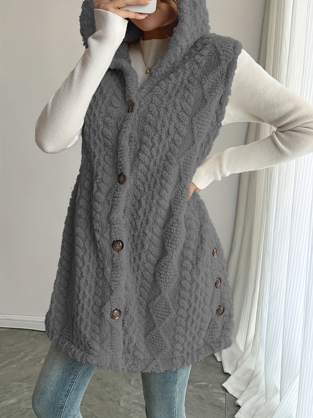 Damen Kuschelige Fleece-Weste mit Kapuze und Knopfverschluss R&B