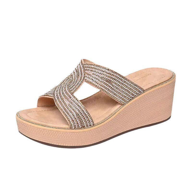 Damen nan glamouröse Plateau-Slipper mit überkreuzten Strassbändern und ergonomischem Komfortfußbett R&B