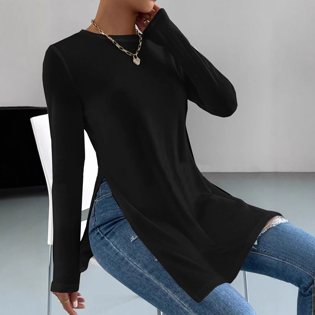 Damen asymmetrisches Longsleeve-Oberteil mit seitlichen Schlitzen und lässigem Schnitt R&B