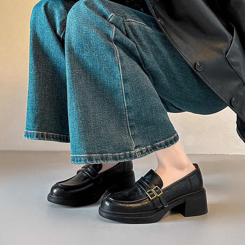 Damen elegante Loafer mit blockierendem Absatz und modischen Schnallen R&B