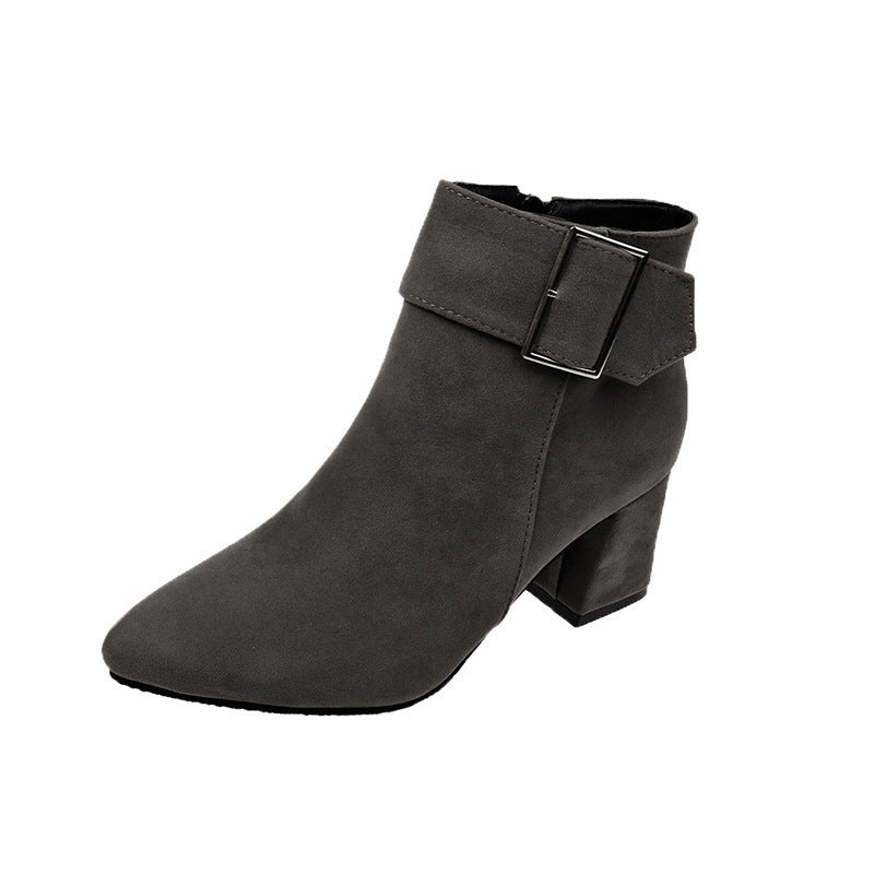 Damen nan elegante Wildlederoptik Stiefelette mit mittelhohem Blockabsatz und breitem Schnallenriemen R&B