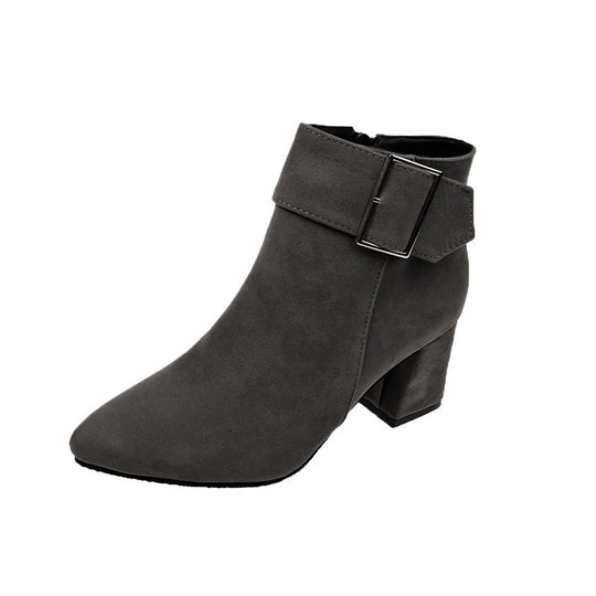 Damen nan elegante Wildlederoptik Stiefelette mit mittelhohem Blockabsatz und breitem Schnallenriemen R&B
