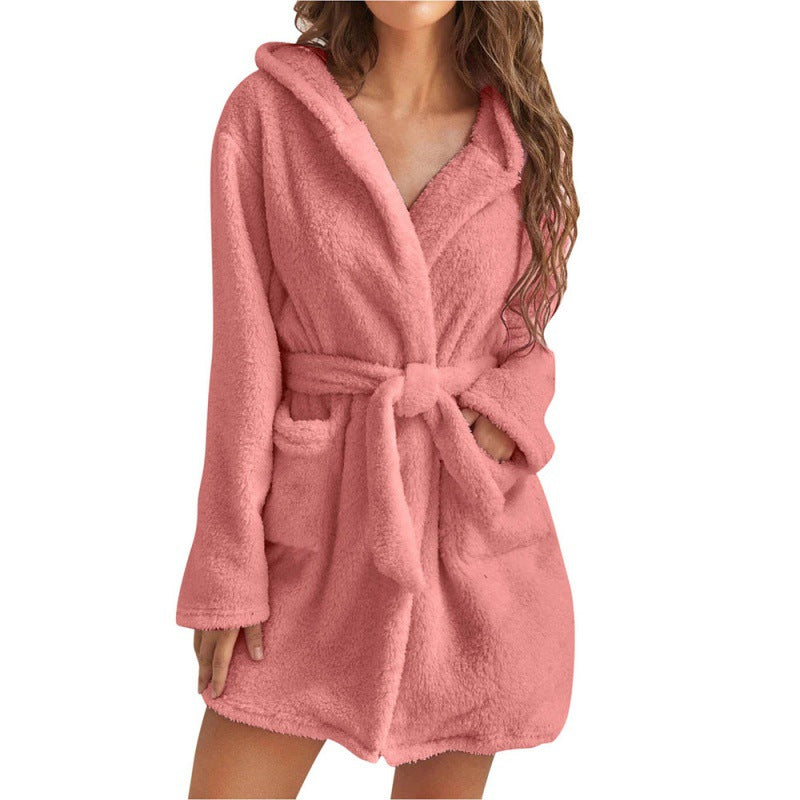 Damen Kuscheliger Fleece-Bademantel mit Kapuze und Taillengürtel R&B