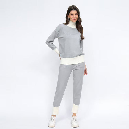 Damen komfortables Strick-Loungewear-Set mit hohem Kragen und elastischen Bündchen R&B