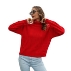 Damen Strickpullover mit hohem Kragen und Zopfmuster R&B