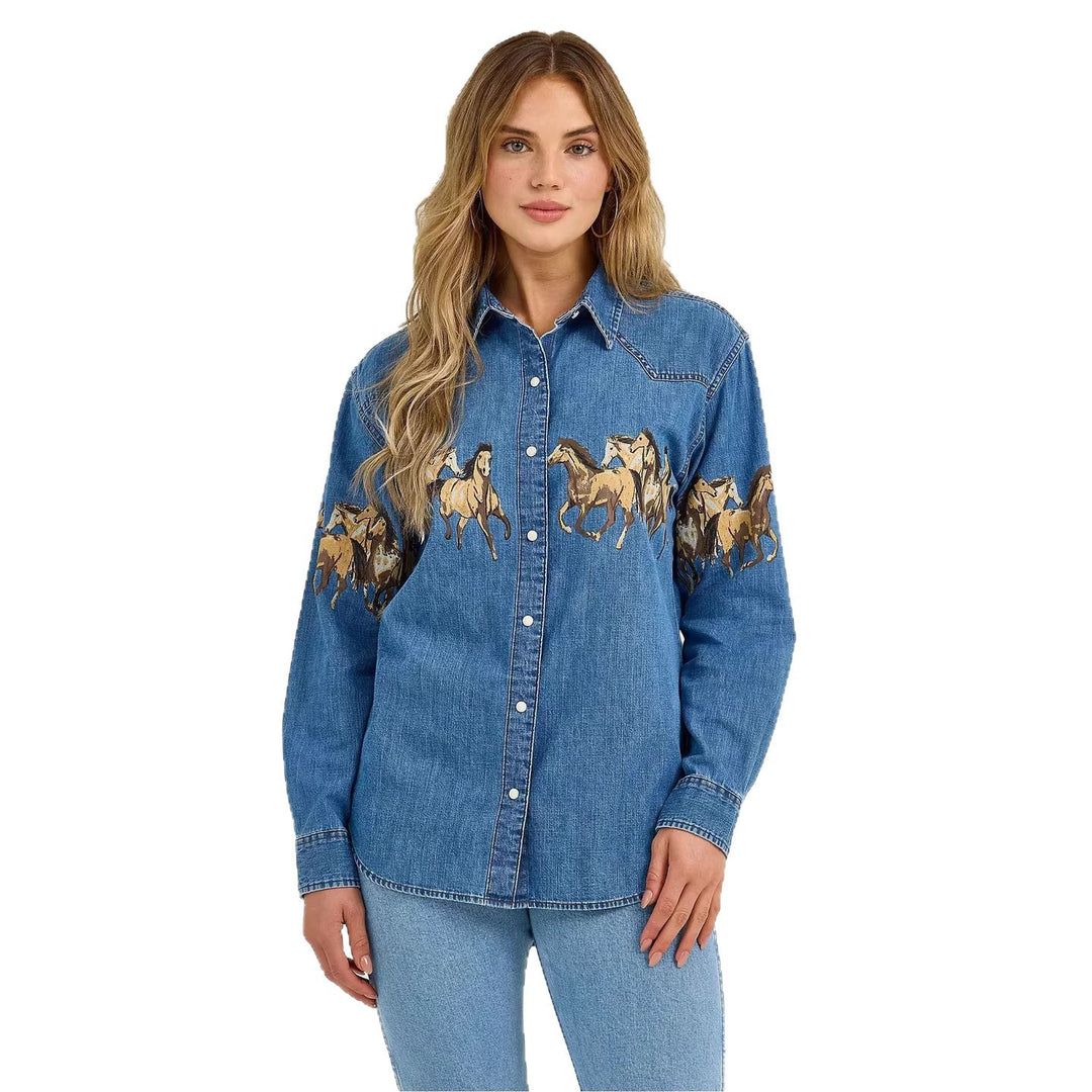 Damen Jeanshemd mit kreativem Pferdemotiv und hochwertiger Baumwollmischung R&B