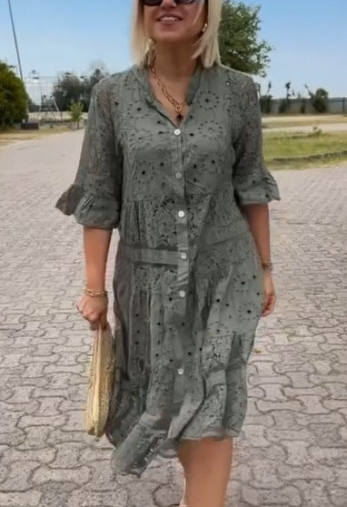 Damen nan Hemdblusen-Midikleid mit Spitzen-Einsätzen, Stufenrock und durchgehender Knopfleiste R&B