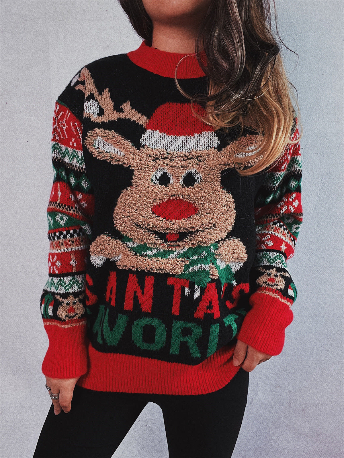 Damen Weihnachtspullover mit festlichem Rentier-Motiv und kunterbunten Strickdetails R&B