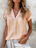 Damen Kurzarm Leinenbluse mit Knopfdetails R&B
