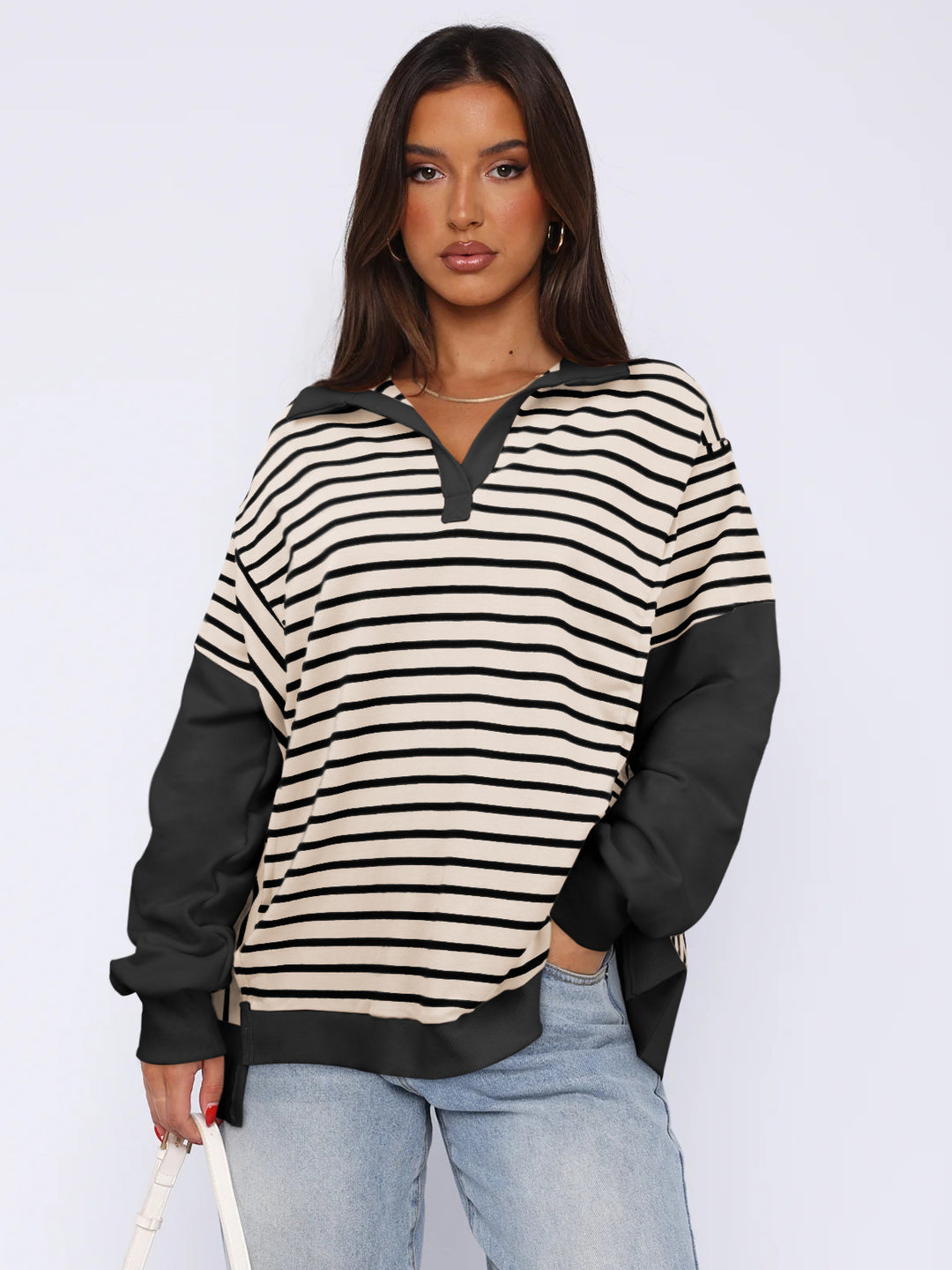Damen Modischer Pullover mit gestreiftem Design und Kontrastdetails R&B