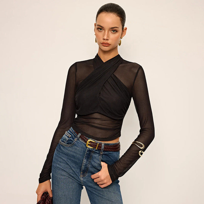 Damen Elegantes Langarm-Top mit Wickel-Design und transparenten Einsätzen R&B