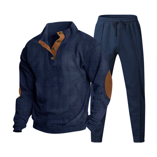 Herren nan gerippter Henley-Freizeitanzug mit dekorativer Knopfleiste und Wildleder-Ellenbogenpatch konisch geschnittene Jogginghose R&B