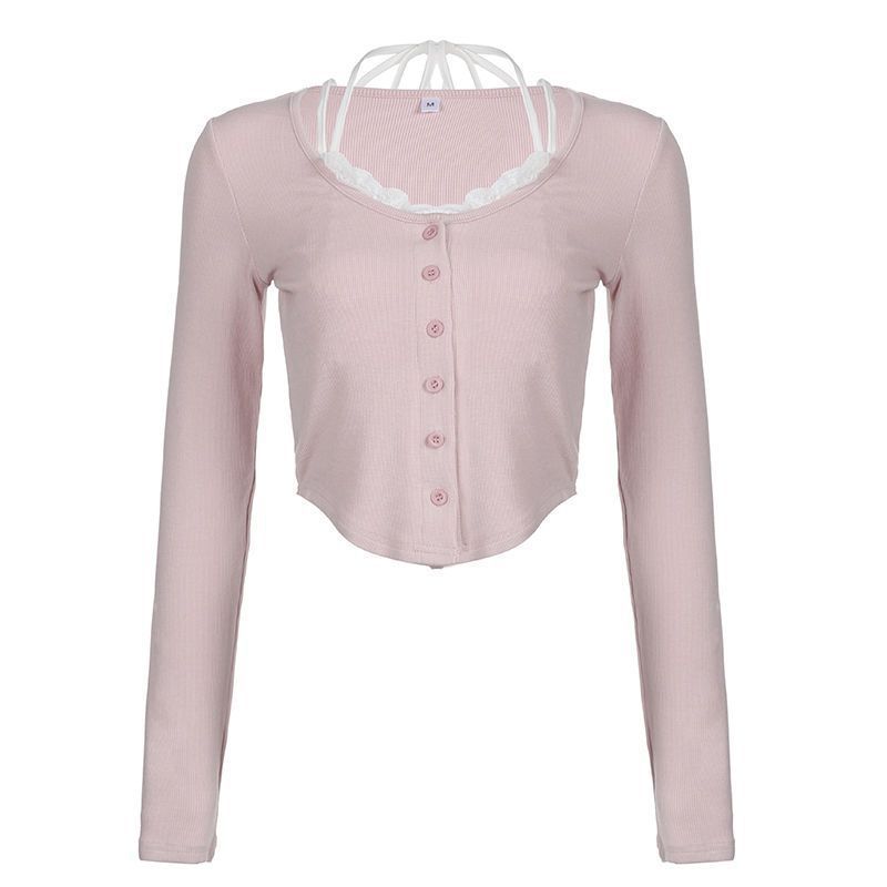 Damen Cropped Langarmshirt mit verspieltem Knopfleisten-Design und raffinierten Trägerdetails R&B