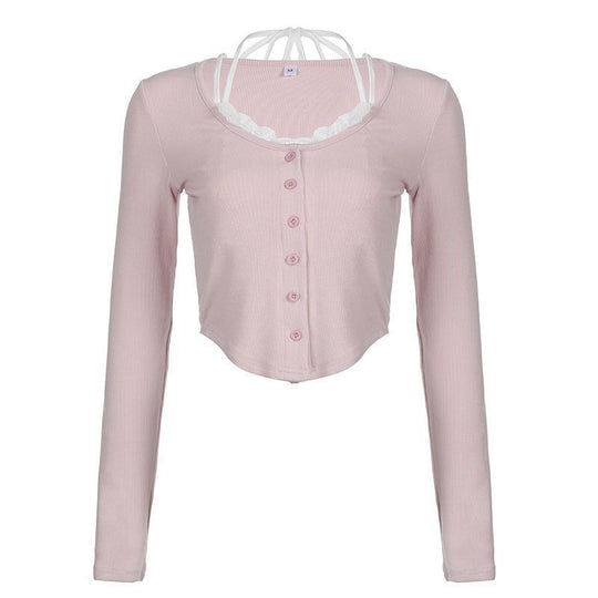Damen Cropped Langarmshirt mit verspieltem Knopfleisten-Design und raffinierten Trägerdetails R&B