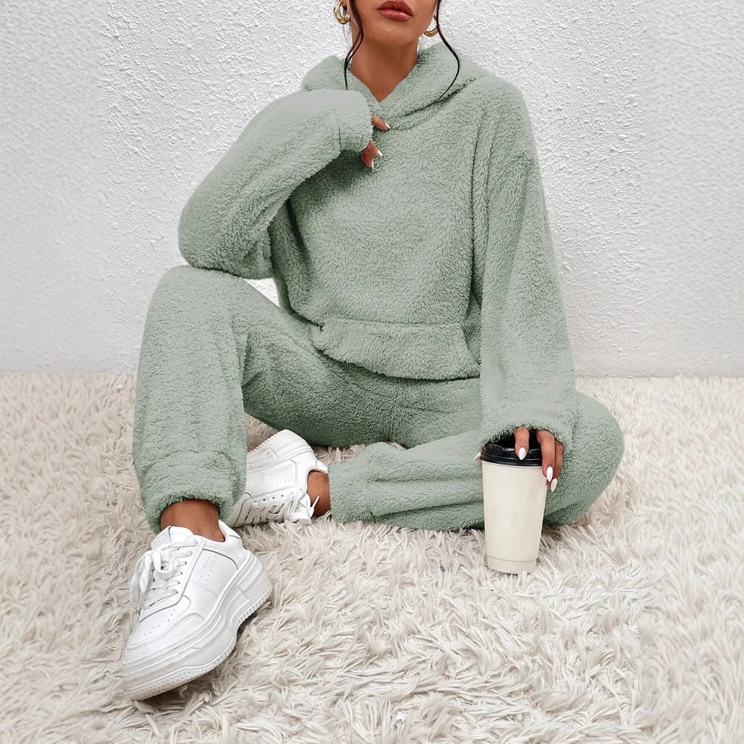 Damen Fleece-Loungewear-Set mit Kapuze und Taschen