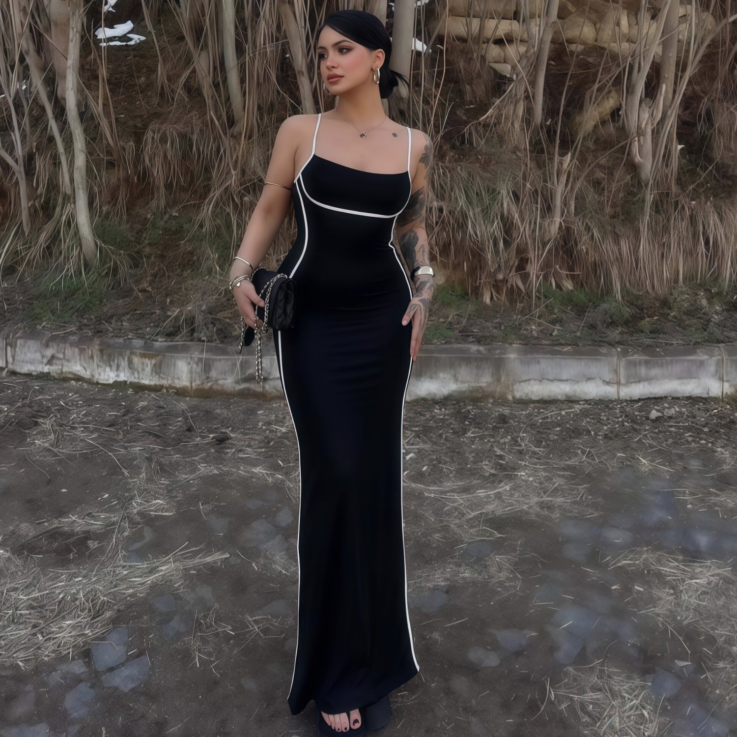 Damen elegantes Maxikleid mit schmalen Trägern und figurformendem Schnitt R&B