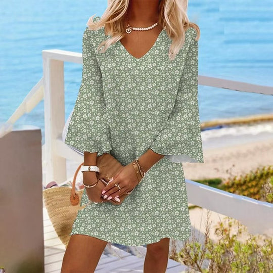 Damen nan leichtes florales V-Ausschnitt Minikleid mit Glockenärmeln und A-Linien-Schnitt R&B