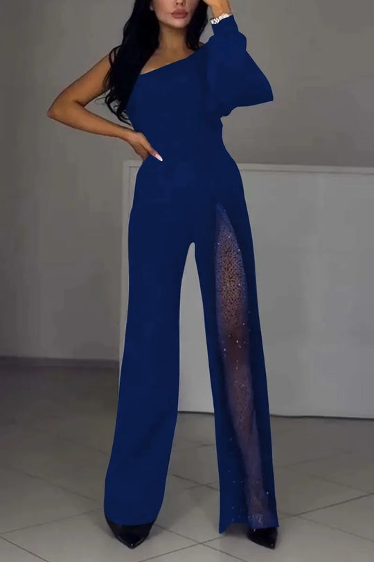 Damen Eleganter Jumpsuit mit transparenten Einsätzen und Pailletten R&B