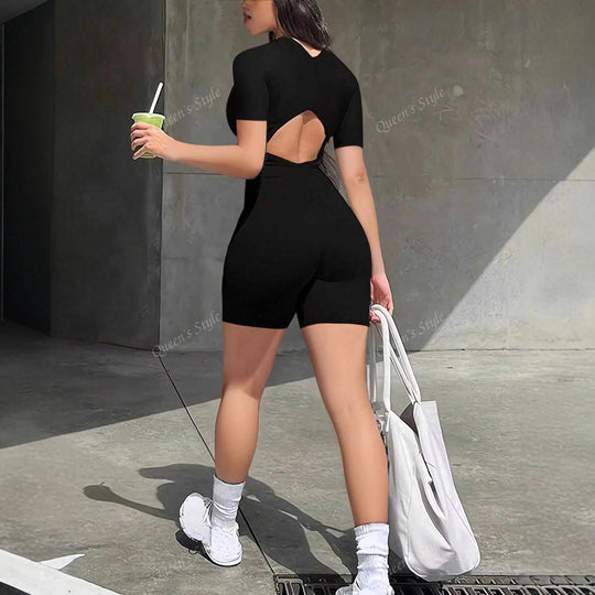 Damen Bodycon Jumpsuit mit kurzem Arm und Reißverschluss R&B