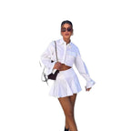 Damen modisches kurzämliges Set aus fließendem Material mit cropped Bluse und weit schwingendem Rock R&B