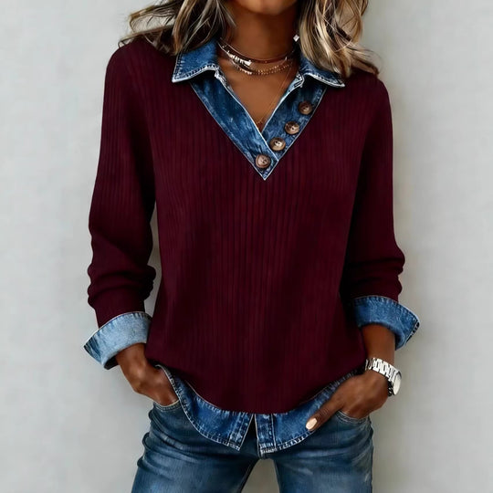 Damen Elegantes Strickshirt mit Jeanskragen und Knopfdetails R&B